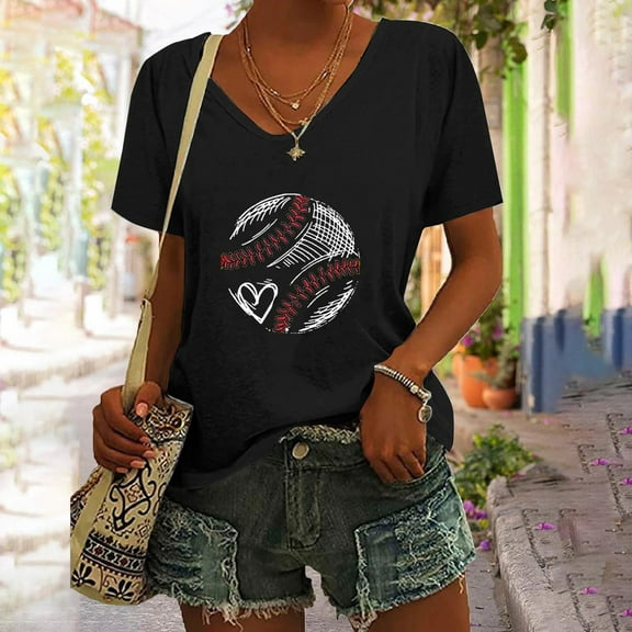 Black Womens Blouses Women's Baseball Festival Solid Color Baseball Printed V Neck Short Sleeved Top Ladies Tops and Blouses