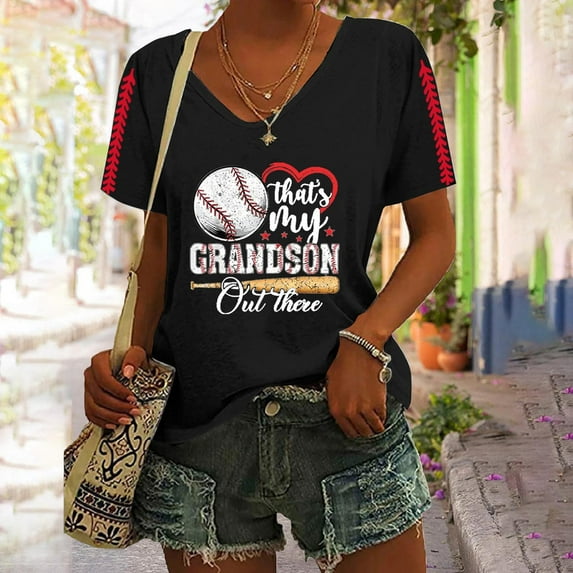 Black Womens Blouses Women's Baseball Season Solid Color Sports Top V Neck Loose Short Sleeved Shirt Ladies Tops and Blouses