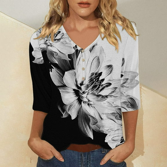 Black Womens Blouses Women's Casual 3/4 Sleeve T Shirts 2025 V Neck Tunic Tops Cute Tees Blouses Loose Fit Business Work Tee Top Ladies Tops and Blouses