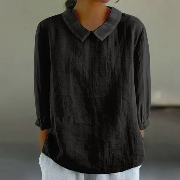 Black Womens Blouses Women's Cotton Linen Button Short Sleeve Shirts Summer Loose Crew Neck Casual Boho Top Vintage Embroidered Blouse Tops Ladies Tops and Blouses