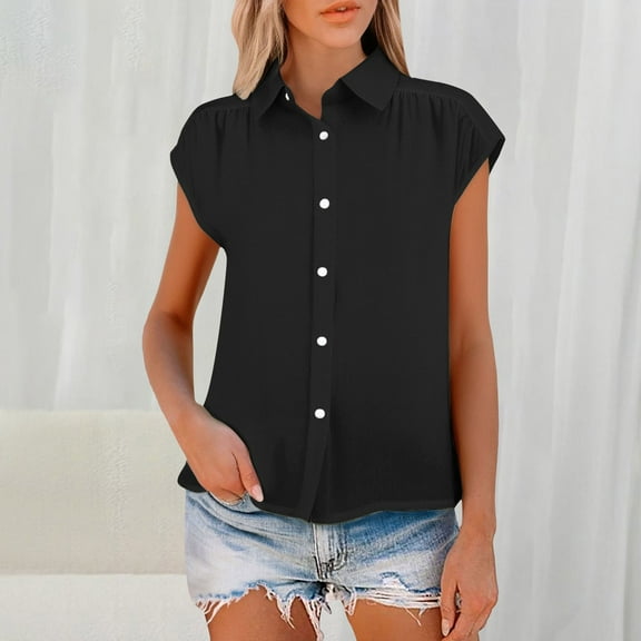 Black Womens Blouses Women's Elastic Cuffs Cotton Linen Button Up Shirt for Daily Casual Commuting Ladies Tops and Blouses