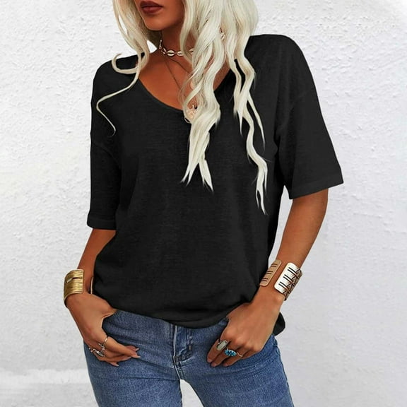 Black Womens Blouses Women's T Shirt V Neck Half Sleeve Loose Shirt Casual Solid Color Basic Top Ladies Tops and Blouses