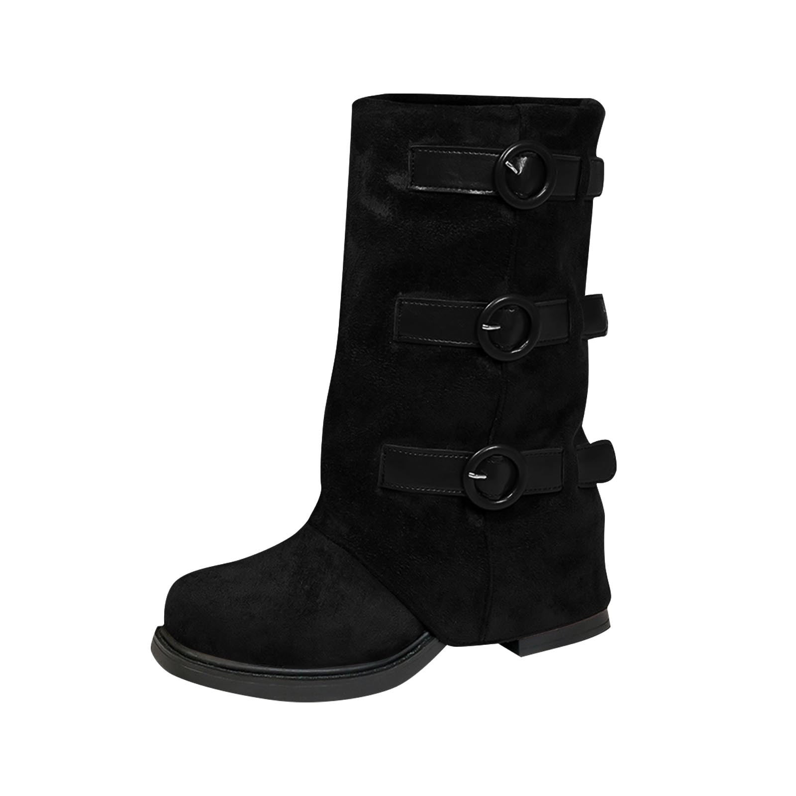 Black Womens Boots Buckle Solid Color For Fall And Winter Comfort ...