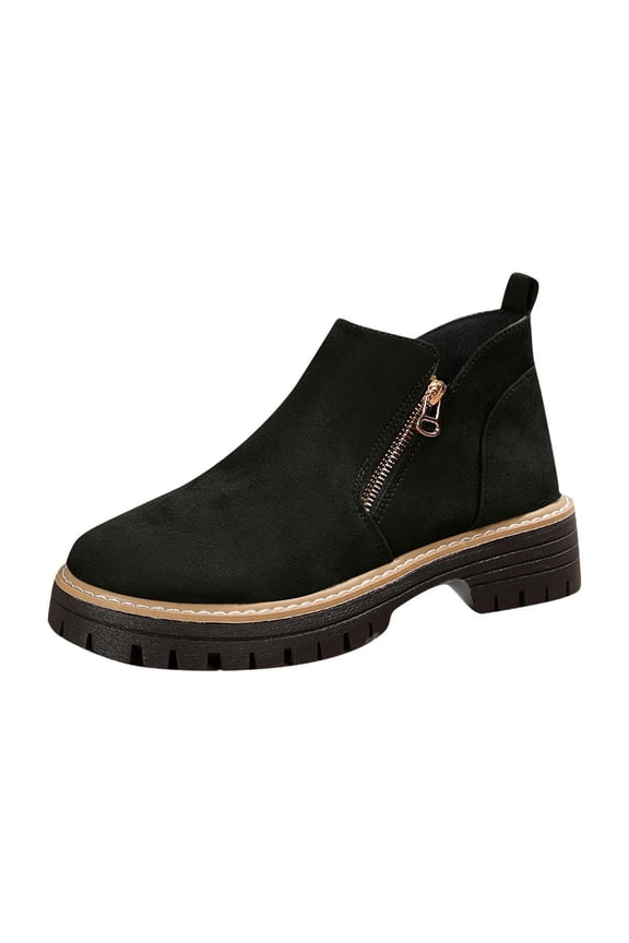 Black Womens British Style Boots With Side Zipper And Low Heel For Comfortable Winter Wear