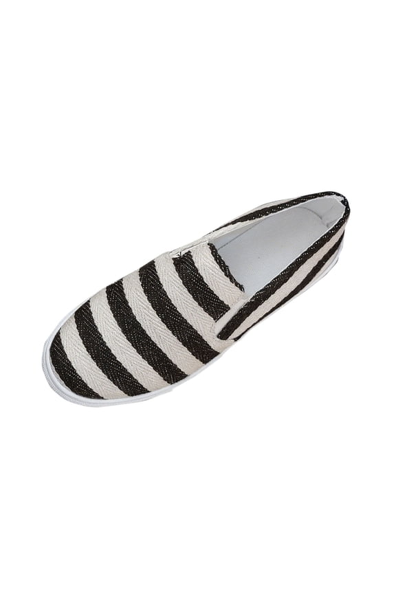 Black Womens Canvas Flat Shoes Slip On Striped Print Casual Round Toe Comfortable Moccasins Loafers Size 41