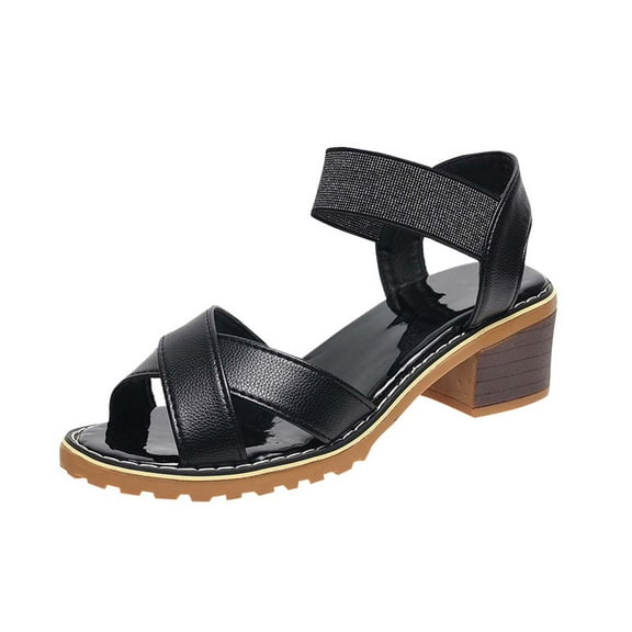 Black Womens Casual Buckle Strap Sandals With Chunky Heel Breathable Design In Black For Summer