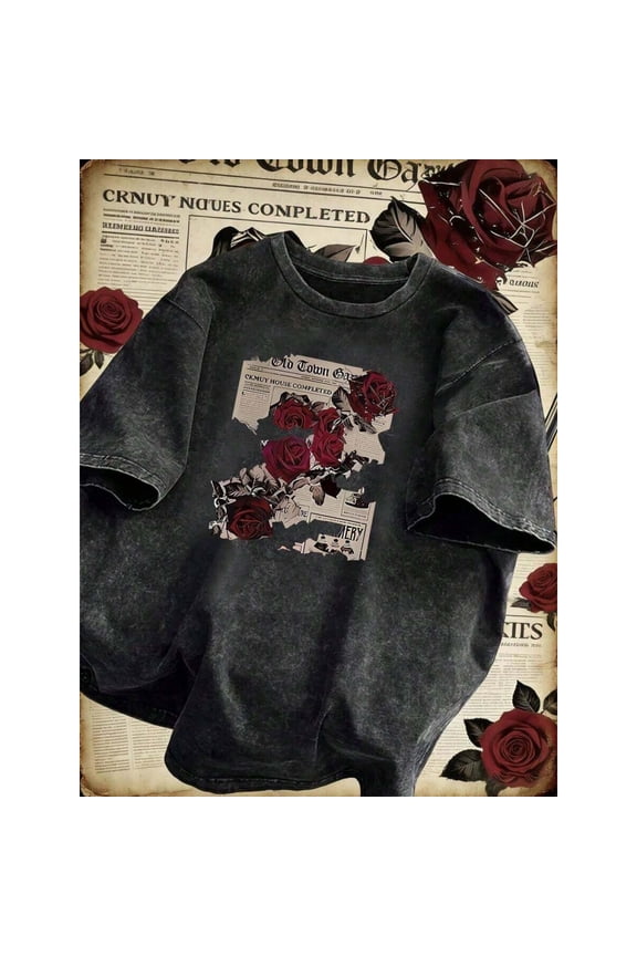 Black Womens Casual Cotton Tee With Newspaper & Rose Graphic, Retro Streetwear Loose Fit Y2K Punk Rock Short Sleeve Top