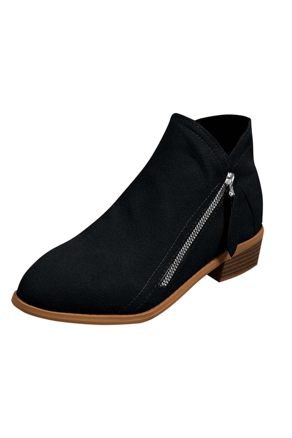 Black Womens Casual Fall Boots Versatile Sweet Cool Short Boots Side Zipper Thick Heel Pointed Toe Mid Calf Ankle Boots