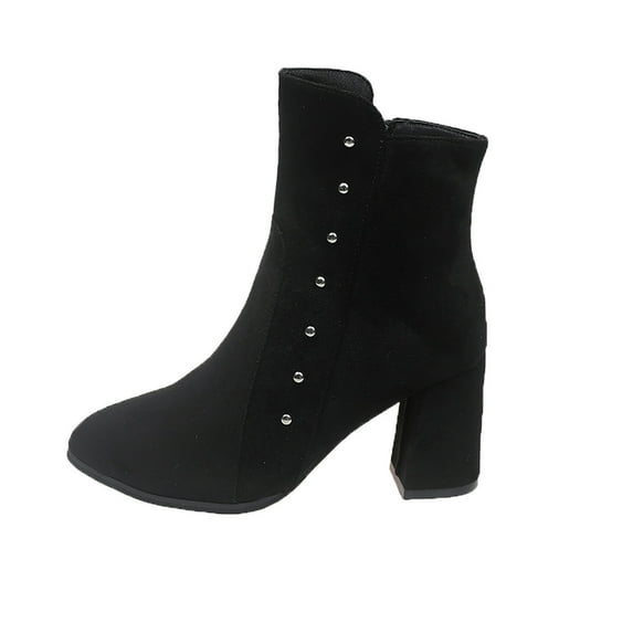 Black Womens Casual Pointed Toe Thick Heel Short Boots For Fall And Winter Outdoor Wear Comfortable One Pair Flock Material Size 37