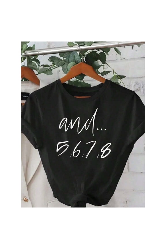 Black Womens Casual Round Neck Short Sleeve Graphic Tee With and... 5,6,7,8 Script Print