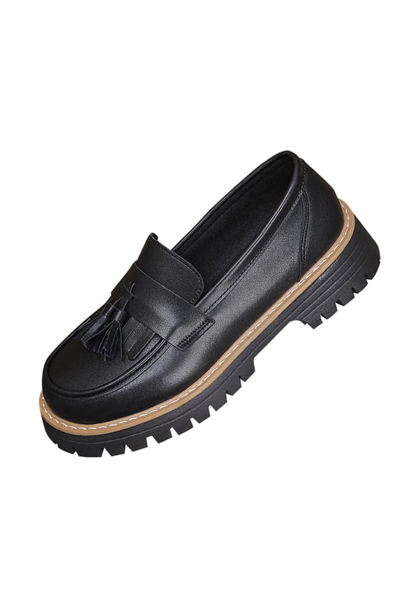 Black Womens Casual Wear British Style Round-Toe Large Size Thick-Heeled Thick-Soled Vintage Fringed Shoes For Leisure Wear