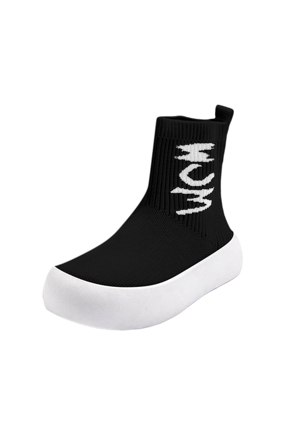 Black Womens Casual Winter Fly Woven Stretch Socks Boots Solid Color Round Toe One Foot Flat Thick Bottom Ankle Boots Black
