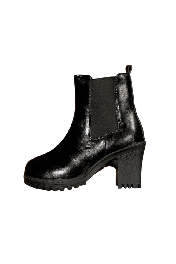 Black Womens Chelsea Boots Chunky Heel Round Toe Elastic Panel Casual Comfortable Daily Wear Versatile Pull On Retro Style Size 43