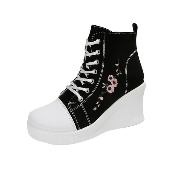 Black Womens Comfortable Wedge Shoes With Embroidery And Round Toe For Casual And Dressy Occasions