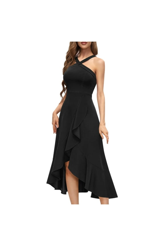 Black Womens Crew Neck Backless Halter Dresses Homecoming Dresses for Ladies Sleeveless Maxi Long Formal Date Night Gowns Evening Modest Peplum Basic Summer Fall 2025 XXL