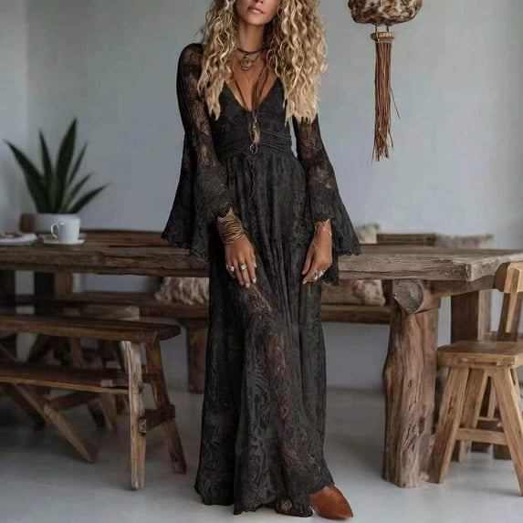 Black Womens Deep V Neck Bell Long Sleeve Empire Waist Flowy Long Dress For