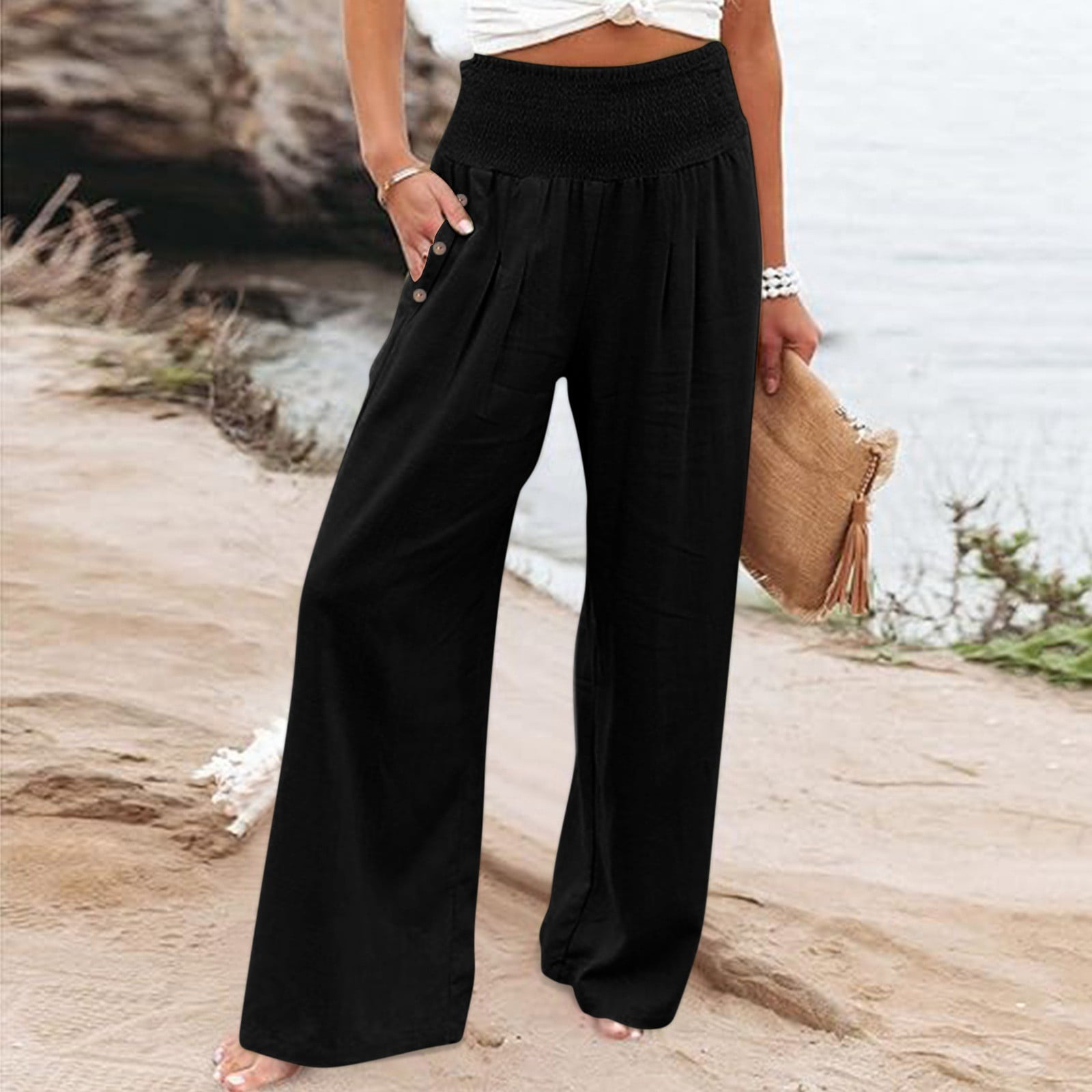 Sanbonepd Black Womens Dress Pants for Work, Linen Womens Dress Pants, Work Clothes for Women 2024, Womens Summer Pants, Solid Color Women's Business