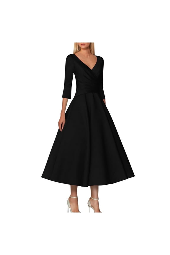 Black Womens Dresses A Line Mother Of The Bride Dress Wedding Guest Vintage Plus Size Elegant V Neck Tea Length Satin 1/2 Length Sleeve With Pleats Dresses for Women 2024