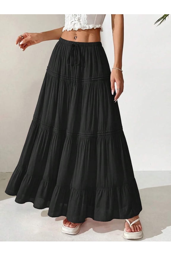 Black Womens Elastic High Waist Drawstring Tiered Flowy Maxi Skirt