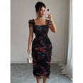 thumbnail image 1 of Black Womens Elegant Floral Mesh Ruffle Waist Midi Dress For Wedding Party Date Spring Summer, 1 of 6