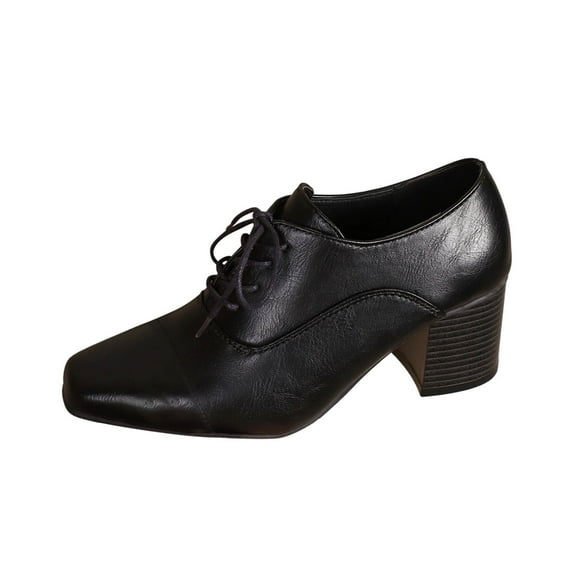 Black Womens Everyday Shoes With Square Toe And Front Lace-Up High Heel Ideal For All-Day Fit And Style