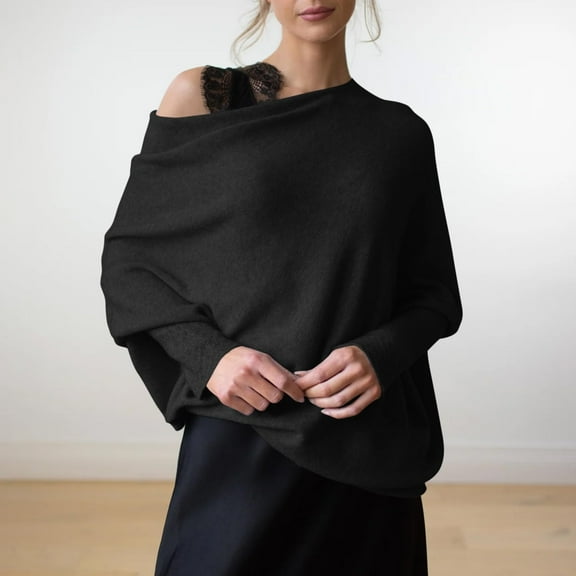 Black Womens Fall Tops Fall Sweaters for Women Asymmetric Draped Jumper Long Batwing Sleeve Off The Shoulder Sweater Slouchy Knit Pullover Sweaters for Women