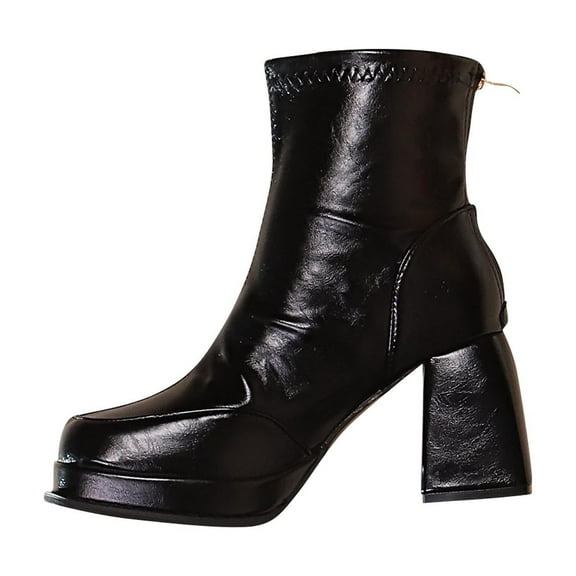 Black Womens Fashion Boots With Square Toe And Chunky Heel Back Zipper Closure