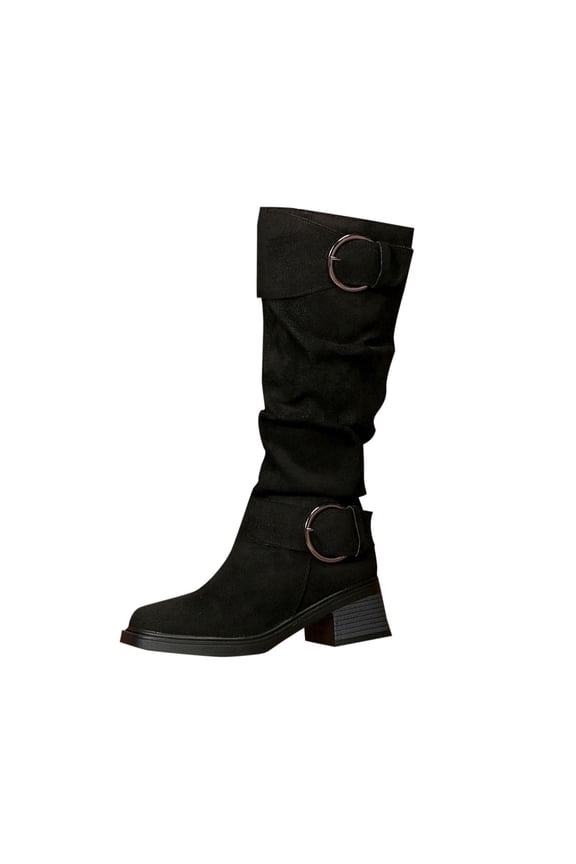 Black Womens Fashion Casual Versatile Style Multi Color Buckle Boots Fall Winter Trendy Heel Textured Long Boots Heel Height 55Cm 21.7In Size 36 Eu 36 Uk 35 Us 5.5 Foot Length 23Cm 9.06In