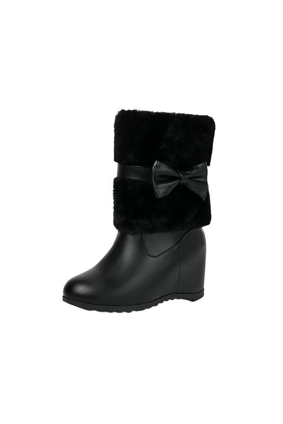 Black Womens Fashion Casual Winter Warm Faux Fur Lined Round Toe Platform Wedge Ankle Boots Bow Detail Short Boots Size 40 Weight Approx 1.90 Lbs
