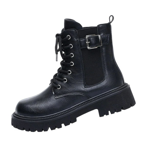 Black Womens Fashion Footwear With Buckle Accent And Lace-Up Thick Sole For Winter