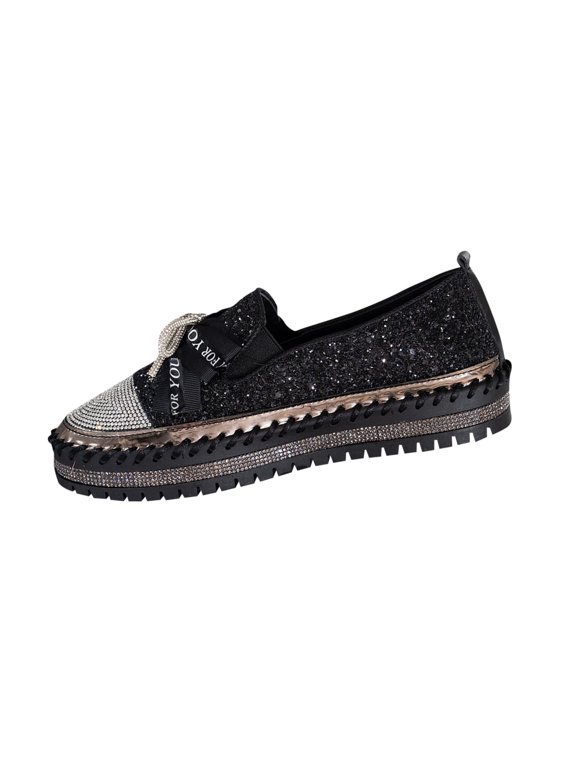 Black Womens Fashion Moccasins With Bow-Knot And Rhinestone Embellishment Thick Sole And Sequined For Comfortable And Chic Wear
