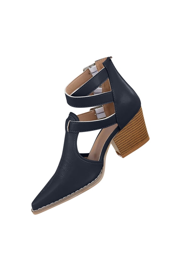 Black Womens Fashionable Solid Color Versatile High Heels Chunky Heel Pointed Toe Buckle Beach Sandals