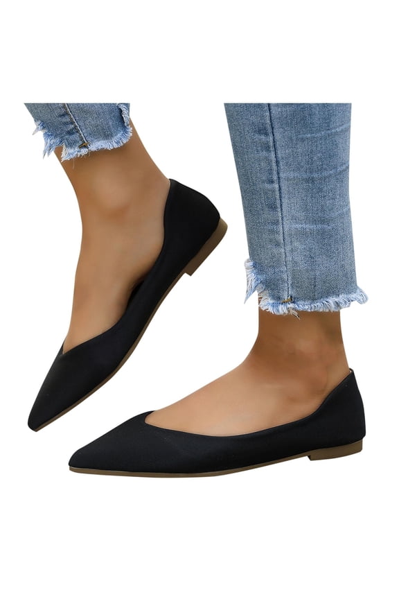 Black Womens Flat Sandals Pointed Toe Slingback Low Heel Soft Sole Comfort Casual Slip On Spring Summer Wear Satin Fabric Upper V-Cut Design Flock Material