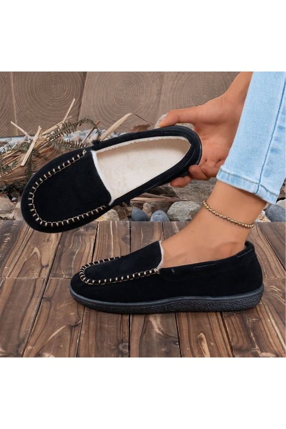 Black Womens Flat Shoes Moccasin Style Decorative Stitching Fleece Lined Solid Color Slip On Versatile Everyday Light Office Wear Size 36