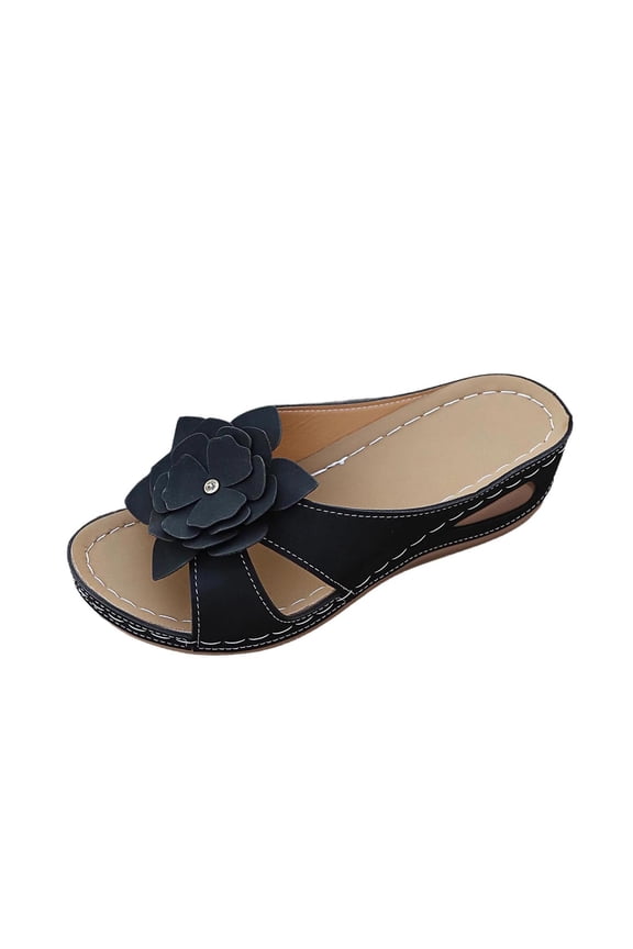 Black Womens Floral Wedge Slippers With Open Toe And Chunky Platform Cushioned For Daily Wear