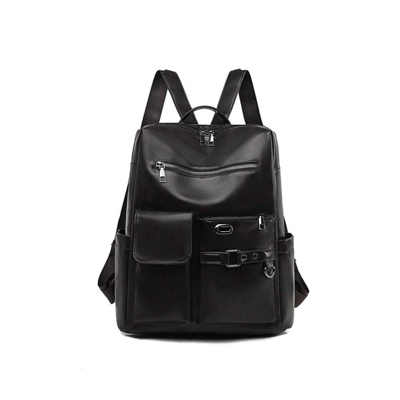 Black Womens Functional Backpack With Multiple Zippered Pockets And Buckle