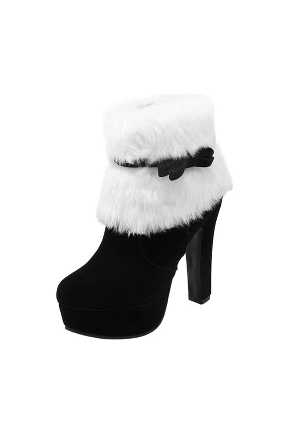 Black Womens Furry Boots With Bow And Side Zipper Fleece Lined Heel Ankle Boots For Fall Winter Sweet And Edgy Style Comfortable For Casual Wear Size 38