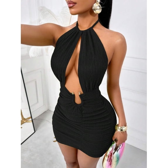 Black Womens Halter Neck Ruched Bodycon Mini Dress With Hollow Out Waist And Metal Buckle Detail