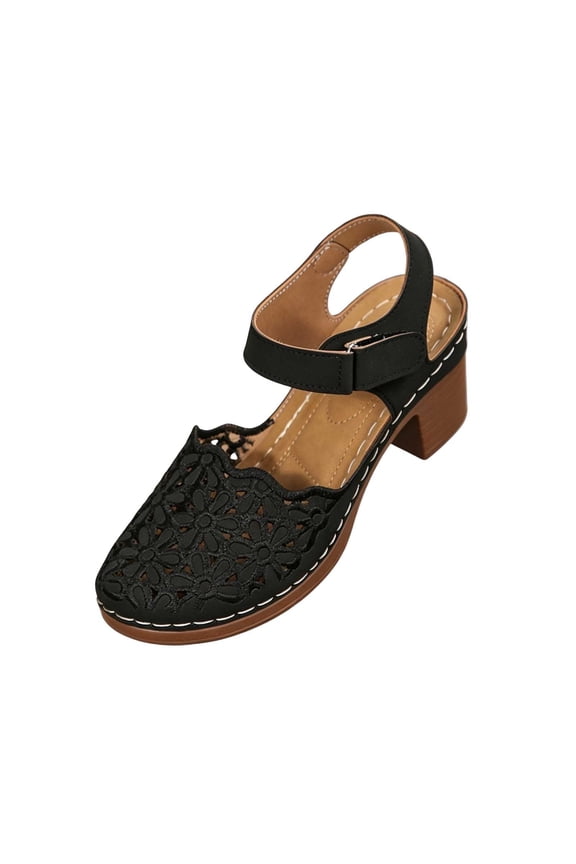 Black Womens Heeled Sandals Closed Toe Hollow Out Chunky Heel Strappy Comfortable Casual Daily Wear Spring Summer Versatile All Day Use Slip On