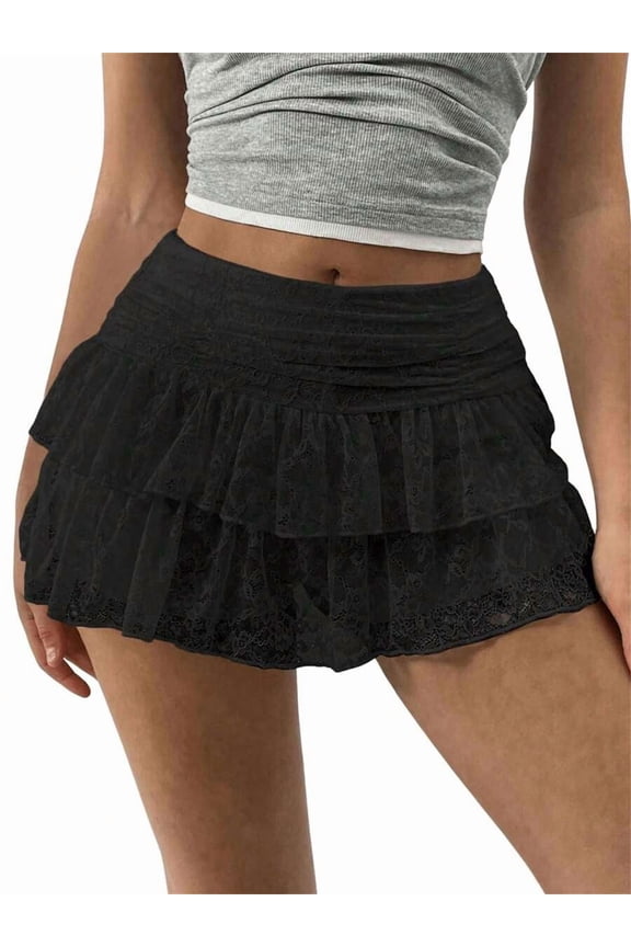 Black Womens High Rise Tiered Ruffled Lace Mini Skirt A-Line Flowy Streetwear Summer Skirt