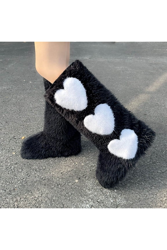 Black Womens High Top Snow Boots Fleece Lined Heart Pattern Design Flat Sole Knee High Silhouette Thick Warm Upper Winter Non Slip Sole Size 39