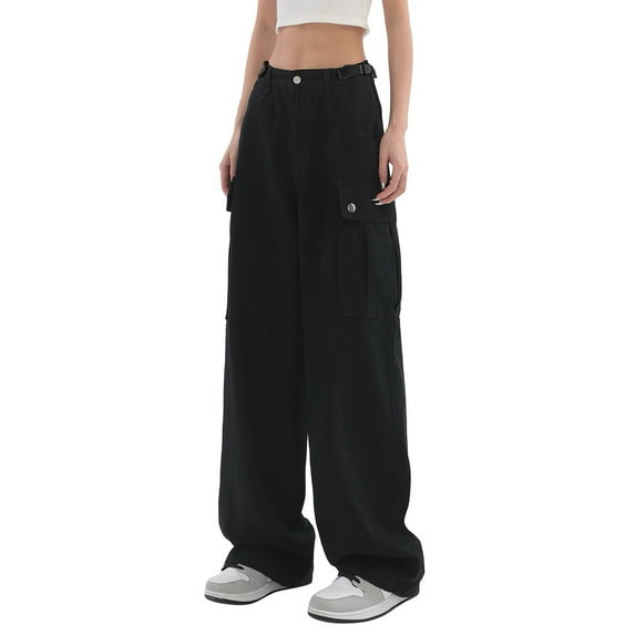 Black Womens Joggers Fashion Streetwear Pockets Adjustable High Waist Straight Vintage Baggy Wide Leg Pants Woman Size S