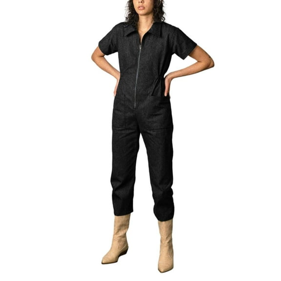 Black Womens Jumpsuits Cropped Utility Jumpsuit Women's Casual Short Sleeve Jumpsuits Zip Up Outfit with Pockets Women's Jumpsuits, Rompers & Overalls