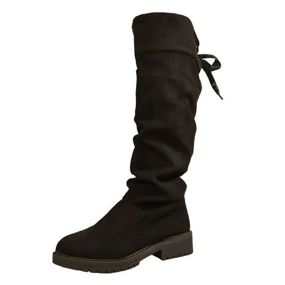 Black Womens Knee High Boots Mid Heel Riding Boots Pointed Toe Lace-Up Square Toe Fashion Casual Winter Long Boots Size 37