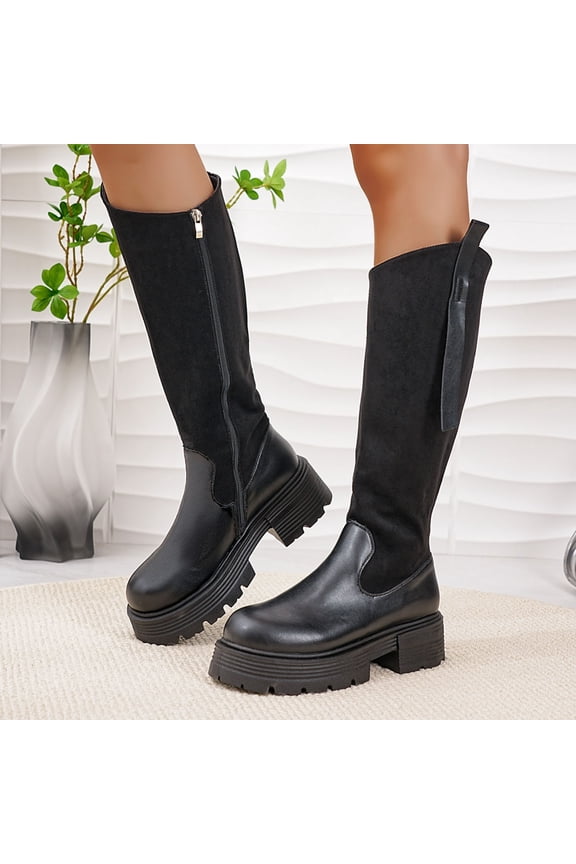 Black Womens Knee-High Boots Solid Color Patchwork Winter Casual Round Toe Side Zipper Thick Sole Chunky Low Heel Non-Slip Warm Outdoor Boots Size 37