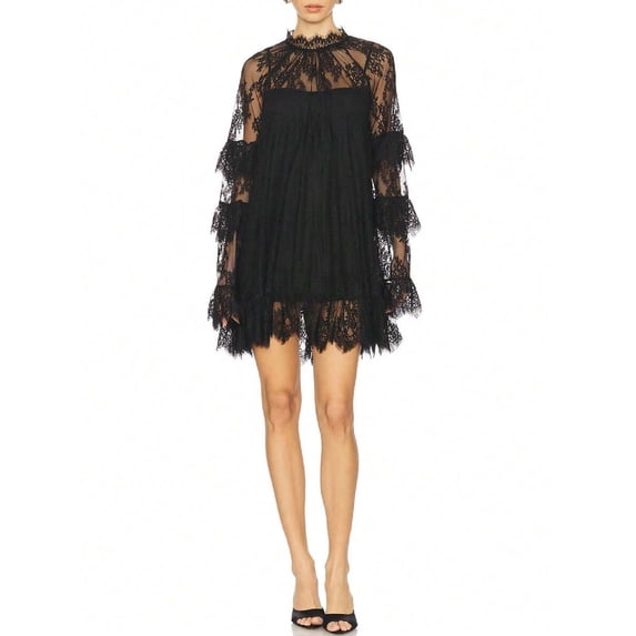 Black Womens Lace Mini Dress Long Sleeve High Neck See-Through Cocktail Party Dress