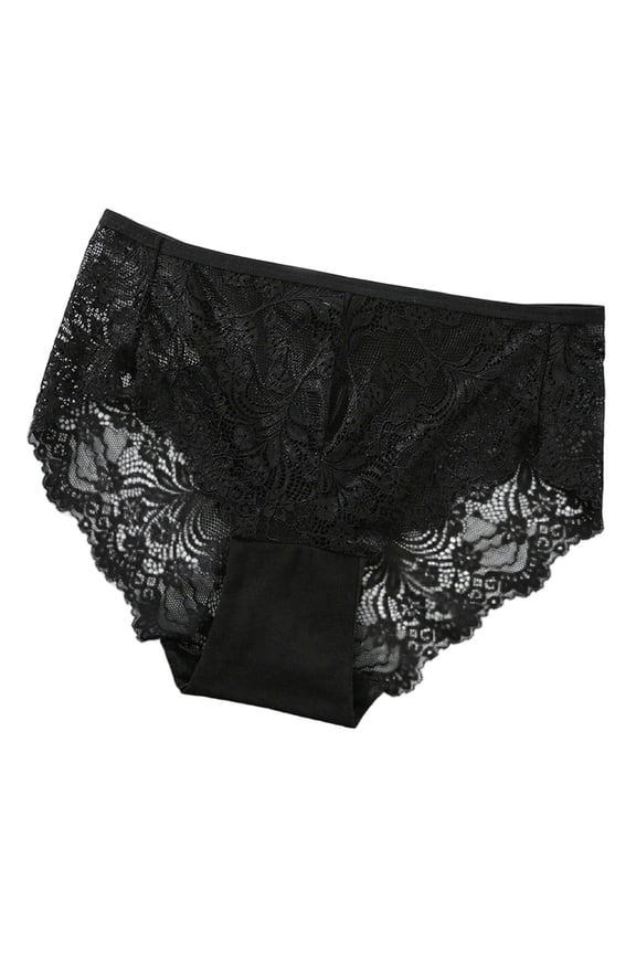 Black Womens Lace Underwear Mid Rise Briefs, Floral Stretch Panties for Everyday Comfort, Soft Polyester Spandex, 1-Pack,Size XL