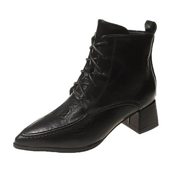 Black Womens Lace-Up Boots With Block Heel For Stylish Casual Wear And All-Day Comfort In Cold Weather