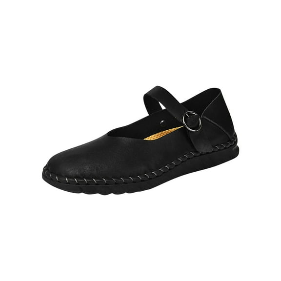 Black Womens Leather Flat Sandals With Round Toe For Summer Wear Solid Color Design Comfortable For Beach And Leisure