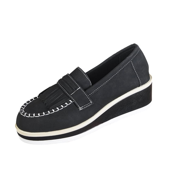 Black Women’S Casual Loafers Comfortable Wedge Heel Shoes With Tassel Round Toe Design For Outdoor Leisure Versatile Fashion Footwear Size 36